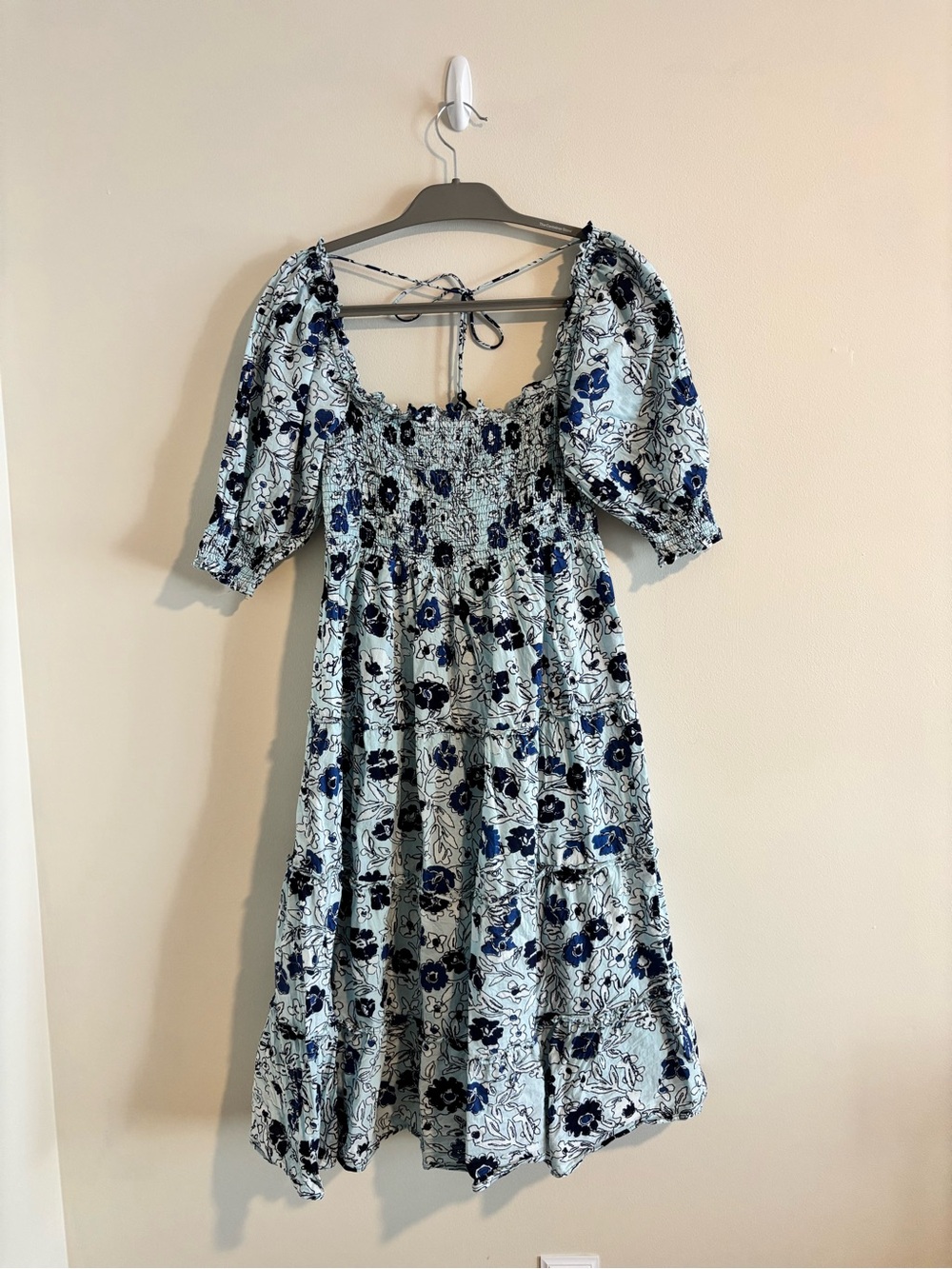 Ro’s Garden Blue & White Floral Smocked Midi Dress